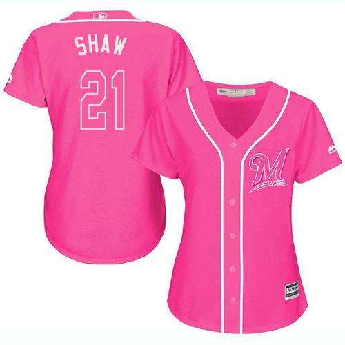 Brewers #21 Travis Shaw Pink Fashion Women's Stitched MLB Jersey